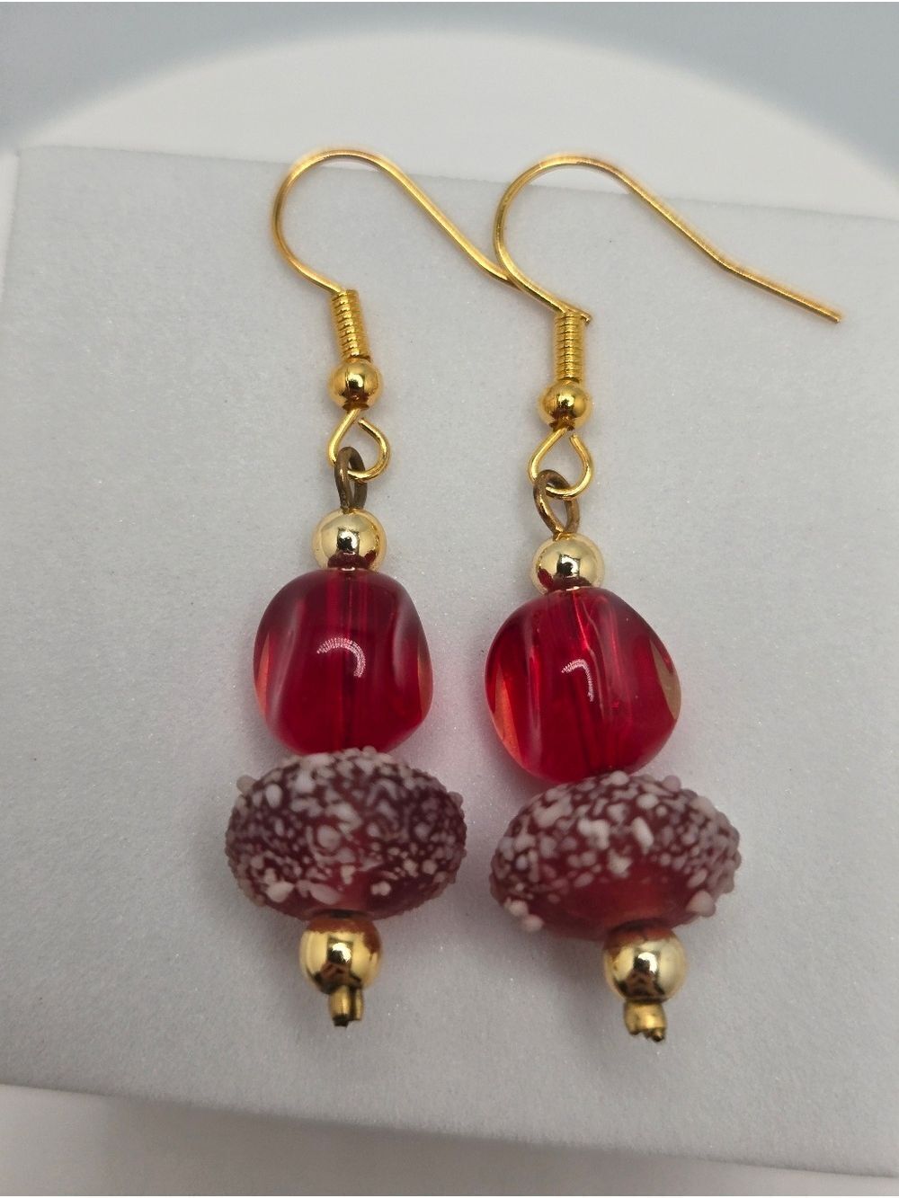 Handmade Garnet Red Beaded Earrings Tiered Glass Raspberry Bead Dangle 1.75"